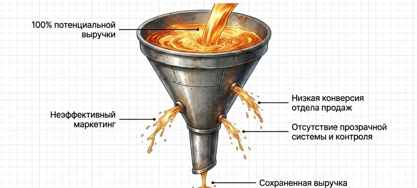 Воронка выручки с тремя пробоинами: неэффективный маркетинг, низкая конверсия отдела продаж, отсутствие системы и контроля